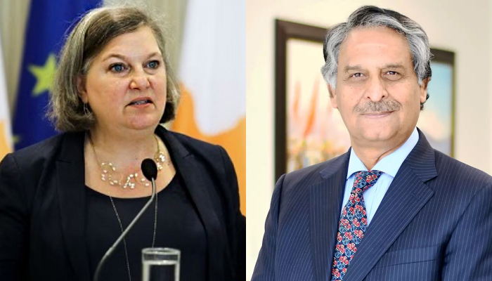 Acting Deputy Secretary of State Victoria Nuland (left) and caretaker Foreign Minister Jalil Abbas Jilani (right). — Reuters/APP