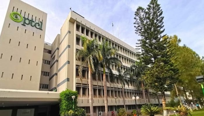 The front facade of the PTCL headquarter in Islamabad. — APP