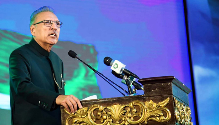 President, Dr Arif Alvi addresses during the official Flag Hoisting ceremony on the occasion of 76th Independence Day of Pakistan, in Islamabad on Monday, August 14, 2023. — PPI