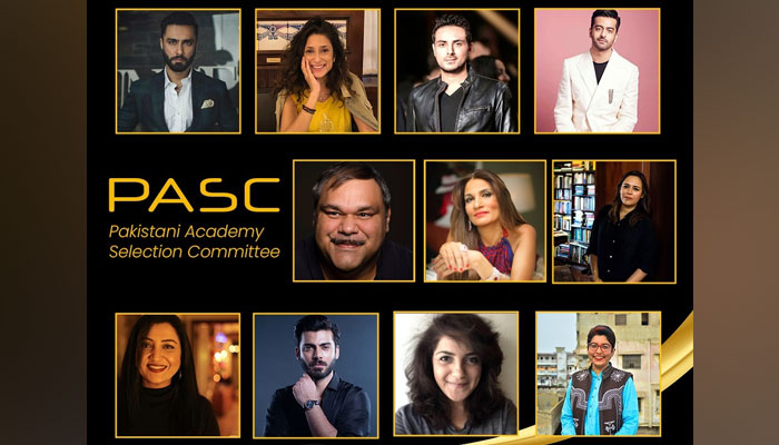 (From left to right) Actor Ahmed Ali Akbar, author Fatima Bhutto, cinematographer Bilal Lashari, director Saim Sadiq, PASC Chairman Mo Naqvi, event organizer Frieha Altaf, director-producer Mehreen Jabbar, Actor-producer Nadia Afgan, film star Fawad Khan, filmmaker Madeeha Syed and Haya Fatima. — PASC