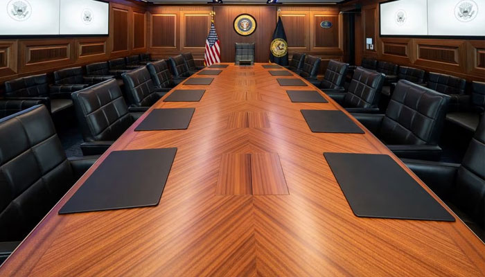 The main meeting room table is seen in the newly renovated White House Situation Room, in a White House handout photo taken in the West Wing of the White House in Washington. U.S. August 16, 2023. —The White House