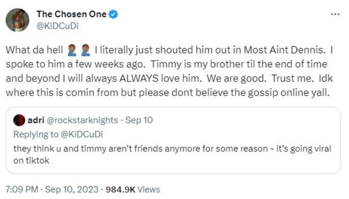 Kid Cudi sets the record straight on feud rumours with Timothee Chalamet