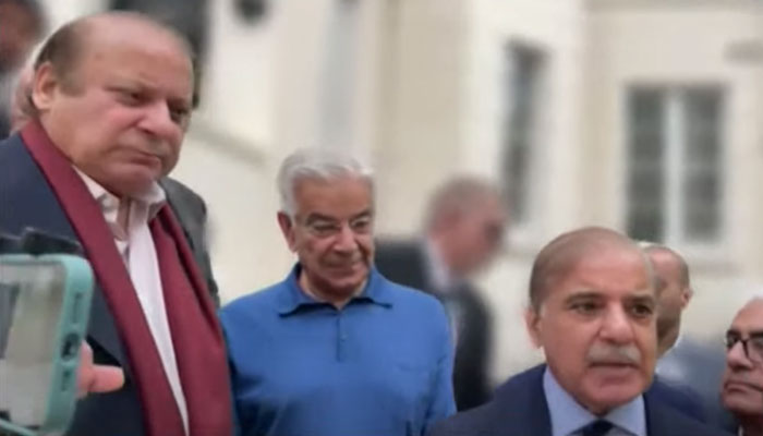 PML-N supremo Nawaz Sharif (from left) former defence minister Khawaja Asif and ex-prime minister Shehbaz Sharif speak to the media in London on September 12, 2023, in this still taken from a video. — Geo News