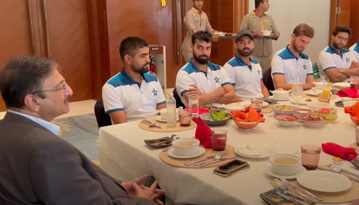 Zaka Ashraf speaks to Pakistans national squad in Hambantota in this still taken from a video. — YouTube/@pakistancricket