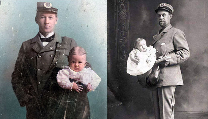 This combination of two old photos from the early 1900s shows two US postmen posing with children in their bags ready to be mailed. — X/@vintagestuff4, BBC Urdu/File