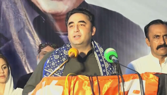 PPP Chairman Bilawal Bhutto-Zardari addresses a rally in Muzaffargarh on September 12, 2023, in this still taken from a video. — X/@MediaCellPPP