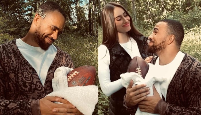 A combination of images showing Indianapolis Colts tight end Kylen Granson posing with his touchdown football and his longtime girlfriend, Daisy Foko. — Instagram/@k_granson18