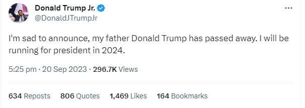 Donald Trump Jr.s hacked X account post about his father Donald Trump Sr.s death.