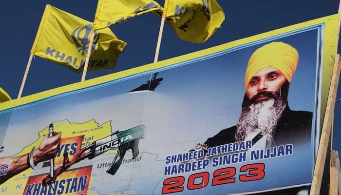 A mural features the image of late Sikh leader Hardeep Singh Nijjar, who was slain on the grounds of the Guru Nanak Sikh Gurdwara temple in June 2023, in Surrey, British Columbia, Canada September 18, 2023 — Reuters/File