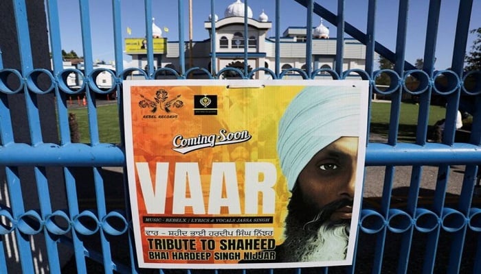 A sign outside the Guru Nanak Sikh Gurdwara temple is seen after the killing on its grounds in June 2023 of Sikh leader Hardeep Singh Nijjar, in Surrey, British Columbia, Canada September 18, 2023.—Reuters.File