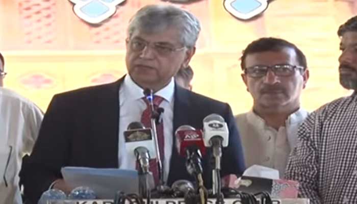 Caretaker Information Minister Murtaza Solangi is addressing the media in this still taken from a video on September 23, 2023. — YouTube/PTVNews