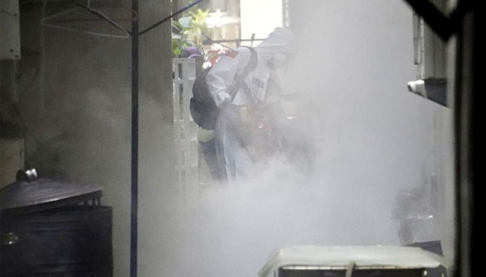 A neighbourhood in Kaohsiung is sprayed with chemical agents to control the spread of dengue fever on September 26, 2023. — CNA/File