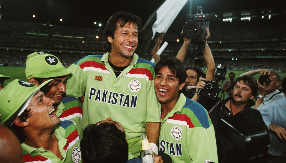 The then-captain Imran Khan and a young Inzamam-ul-Haq celebrate 1992 World Cup win. — ICC