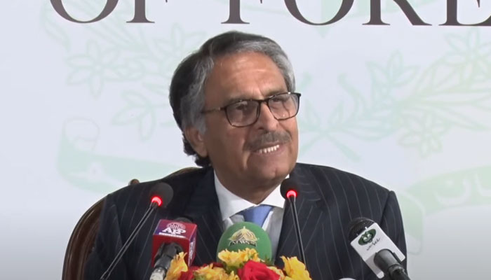 Caretaker Foreign Minister Jalil Abbas Jilani addresses the press conference in Islamabad on September 28, 2023 in this still taken from a video. — YouTube/PTVNews