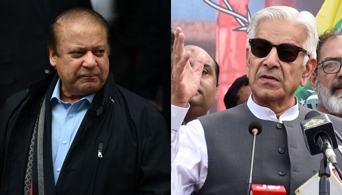 PML-N supremo Nawaz Sharif (left) outside his London home, Khawaja Asif (right) addressing a rally in the federal capital in these undated pictures. — AFP/Online/Files