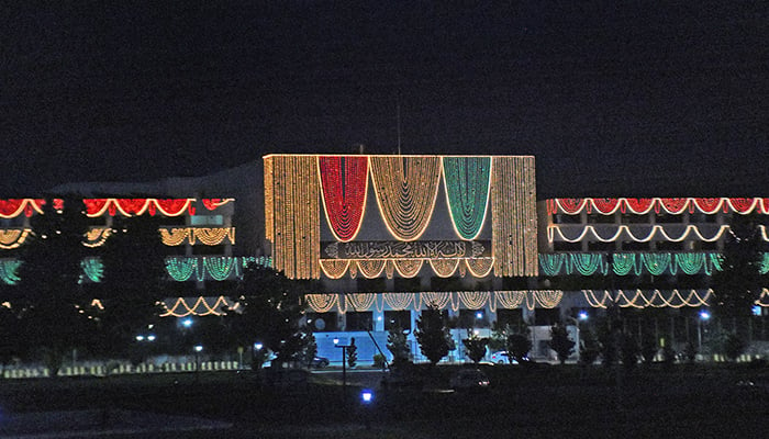 An eye-catching view of the Parliament House illuminated with colorful decoration lights for the celebrations for Eid Miladun Nabi in Islamabad, on September 27, 2023. — Online