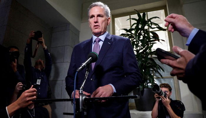 House Speaker Kevin McCarthy speaks with reporters after a House Republican conference meeting at the US Capitol in Washington, DC, on October 3, 2023. — Reuters