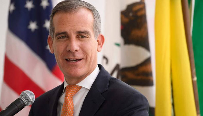 Then-Los Angeles Mayor Eric Garcetti speaks during the opening of the Terminal 1 expansion at Los Angeles International Airport (LAX) in Los Angeles, California on June 4, 2021. — AFP