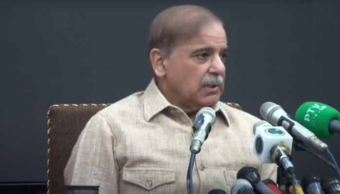 PML-N President Shehbaz Sharif addresses the presser in Lahore on October 6, 2023, in this still taken from a video. — YouTube/Geo News