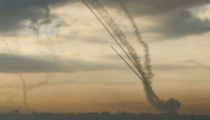 Rockets are fired by Palestinian militants into Israel, in Gaza on October 7, 2023. — Reuters