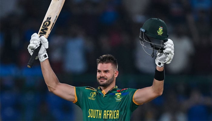 South Africa´s Aiden Markram celebrates after scoring a century during the 2023 ICC Men´s Cricket World Cup ODI match between South Africa and Sri Lanka at the Arun Jaitley Stadium in New Delhi on October 7, 2023. — AFP