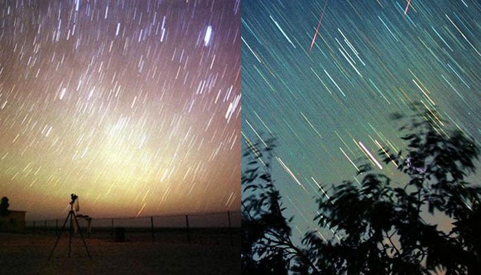 Meteors, streak past stars in the night sky near Amman, in the early hours of August 12, 2004. — Reuters