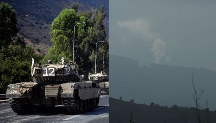 A convoy of Israeli military vehicles rides on a road close to Israels border with Lebanon in northern Israel, October 8, 2023 (L). Smoke rises from Halta village as seen from Ibl al-Saqi village in southern Lebanon, near the border with Israel, southern Lebanon, October 8, 2023(R).—Reuters