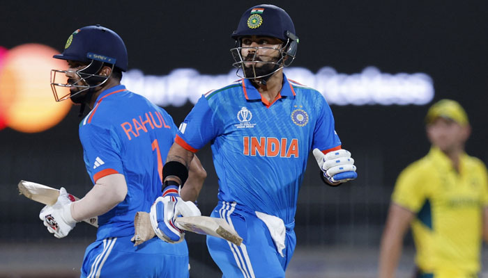 Indias KL Rahul and Virat Kohli during the  ICC Cricket World Cup 2023 India v Australia match at MA Chidambaram Stadium, Chennai, India on October 8, 2023. — Reuters