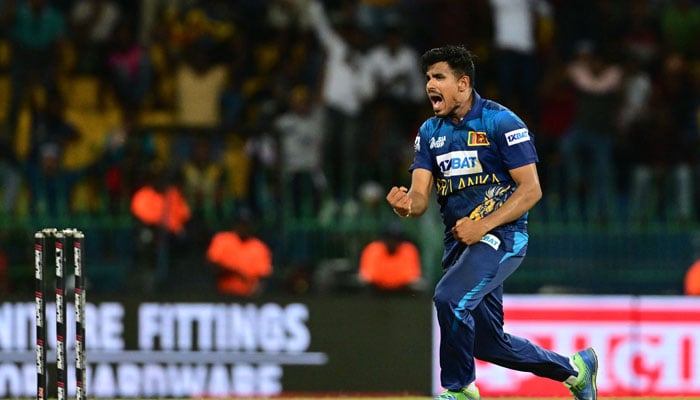 Sri Lanka´s Maheesh Theekshana celebrates after taking a wicket during the Asia Cup 2023 super four ODI cricket match between Sri Lanka and Bangladesh at the R. Premadasa Stadium in Colombo, on September 9, 2023. — AFP