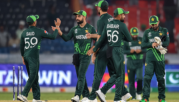 Pakistans players celebrate after winning the 2023 ICC Mens Cricket World Cup one-day international (ODI) match between Pakistan and Netherlands at the Rajiv Gandhi International Stadium in Hyderabad on October 6, 2023. — AFP