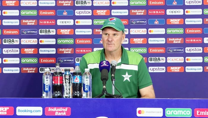 Pakistans head coach Grant Bradburn addressing a press conference in Hyderabad, India, on October 9, 2023. — ICC