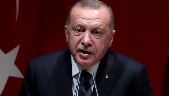 Türkiye Cumhurbaşkanı Recep Tayyip Erdoğan, iktidardaki Adalet ve Kalkınma Partisi il başkanlarıyla 10 Ekim 2019'da Ankara'da yaptığı genişletilmiş toplantıda konuşuyor. AFP/Dosya