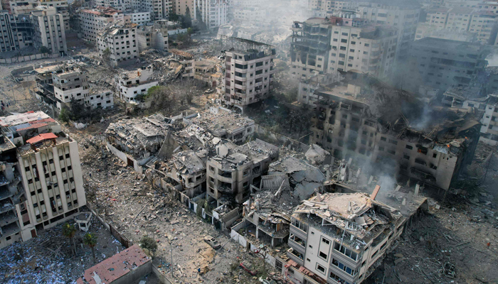 This aerial photo shows heavily damaged buildings following Israeli airstrikes in Gaza City on October 10, 2023. — AFP