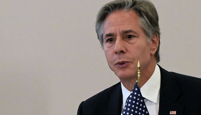 US Secretary of State Antony Blinken, accompanied by Mexico´s Foreign Minister Alicia Barcena (out of frame) speaks during a US-Mexico high-level security dialogue at the National Palace in Mexico City on October 5, 2023.AFP/File