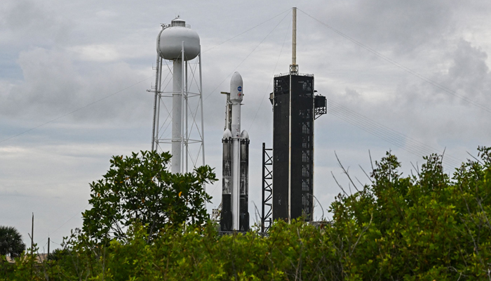 A SpaceX Falcon Heavy rocket with the Psyche spacecraft sits on launch pad 39A at Nasas Kennedy Space Center in Cape Canaveral, Florida, on October 11, 2023. — AFP