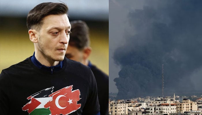 Mesut Ozil and a pcture from Gaza showing a bombing.—X/AFP/file