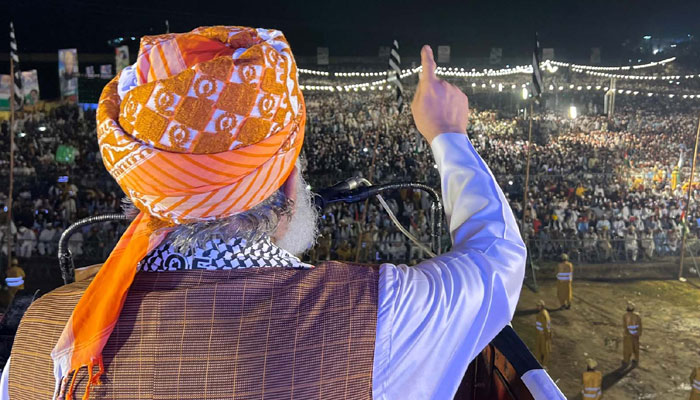 Jamiat Ulema-e-Islam (JUI-F) Chief, Maulana Fazal-ur- Rehman addresses during Mufti Mehmood Conference held in Peshawar on Saturday, October 14, 2023. — PPI