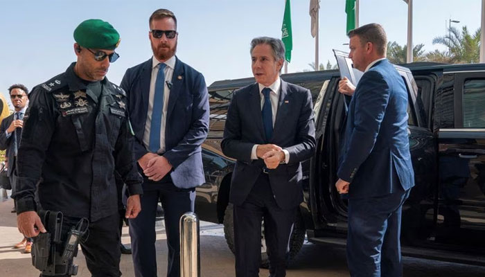 US Secretary of State Antony Blinken returns to his hotel after meeting with Saudi Crown Prince Mohammed bin Salman, in Riyadh, Saudi Arabia October 15, 2023. — Reuters