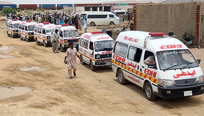 A large number of Edhi ambulances stand in Thatta. — Online/File