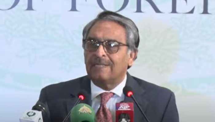 Caretaker Foreign Minister Jalil Abbas Jillani is addressing the media in this still taken from a video on October 15, 2023. — PTV/YouTube