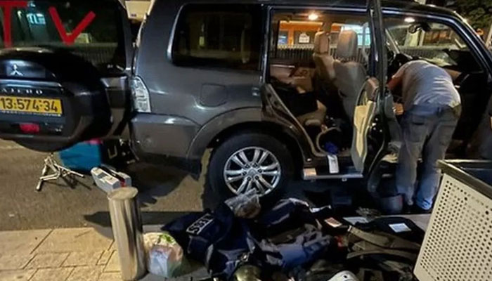 The vehicle of BBC journalists Muhannad Tutunji, Haitham Abudiab and their BBC Arabic team which was held at gunpoint by Israeli forces in Tel Aviv. — BBC