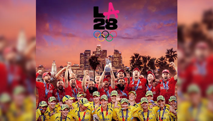 Representational image of ICC Mens World Cup Champions England and Womens World Cup Champions Australia with the LA28 logo. — ICC