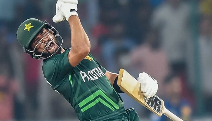 Pakistans Abdullah Shafique celebrates after scoring his century against Sri Lanka. — AFP/File