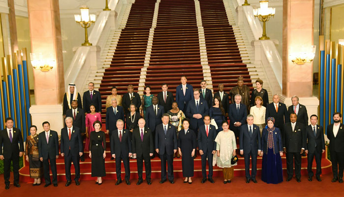 Chinese President Xi and first lady Madame Peng Liyuan and all the world leaders attending the event pose for a group photo at the Great Hall of the Peoples on October 16, 2023. — PMO