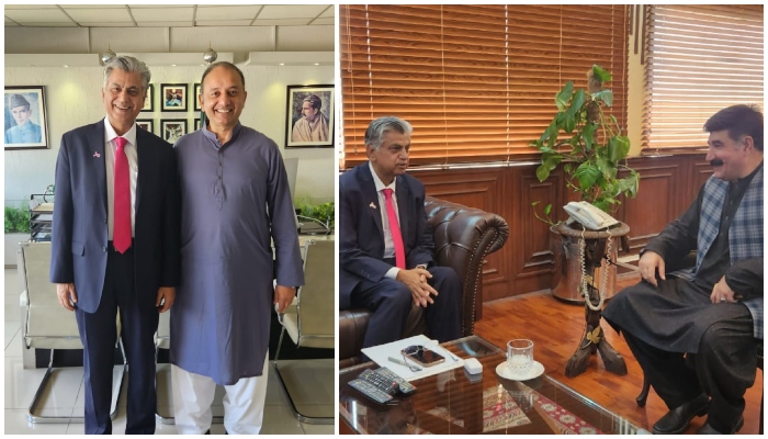 Interim Minister for Information and Broadcasting Murtaza Solangi meets PML-N leader Musadik Malik (left) and PPPs Syed Akhunzada Chattan (right). — X@MoIB_Official