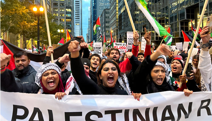 People take part in a protest in support of Palestinians in Gaza as the conflict between Israel and Hamas continues, in Chicago, US, October 18, 2023. — Reuters