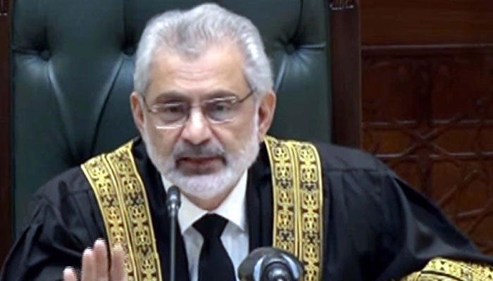 A screengrab of Chief Justice of Pakistan Qazi Faez Isa taken during the broadcast of the SC Practice and Procedure Act. — PPI/File