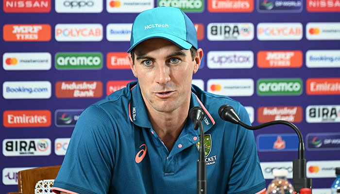 Australias captain Pat Cummins speaks during a press conference at the M Chinanaswamy Cricket Stadium in Bangalore on October 19, 2023, on the eve of the 2023 ICC men´s cricket World Cup one-day international (ODI) match between Australia and Pakistan.