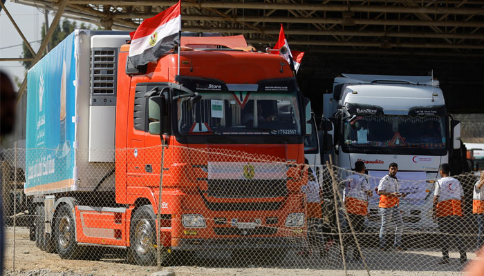 Trucks carrying aid arrive at the Palestinian side of the border with Egypt, as the conflict between Israel and Hamas continues, in Rafah in the southern Gaza Strip, October 21, 2023. — Reuters