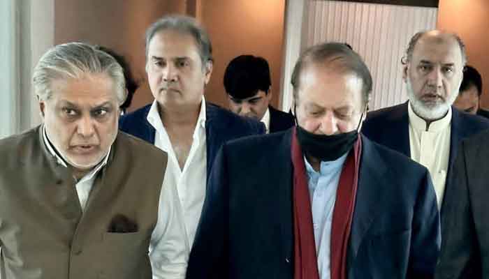 Former prime minister Nawaz Sharif received by ex-finance minister Ishaq Dar at the Islamabad International Airport on October 21, 2023. — Geo News
